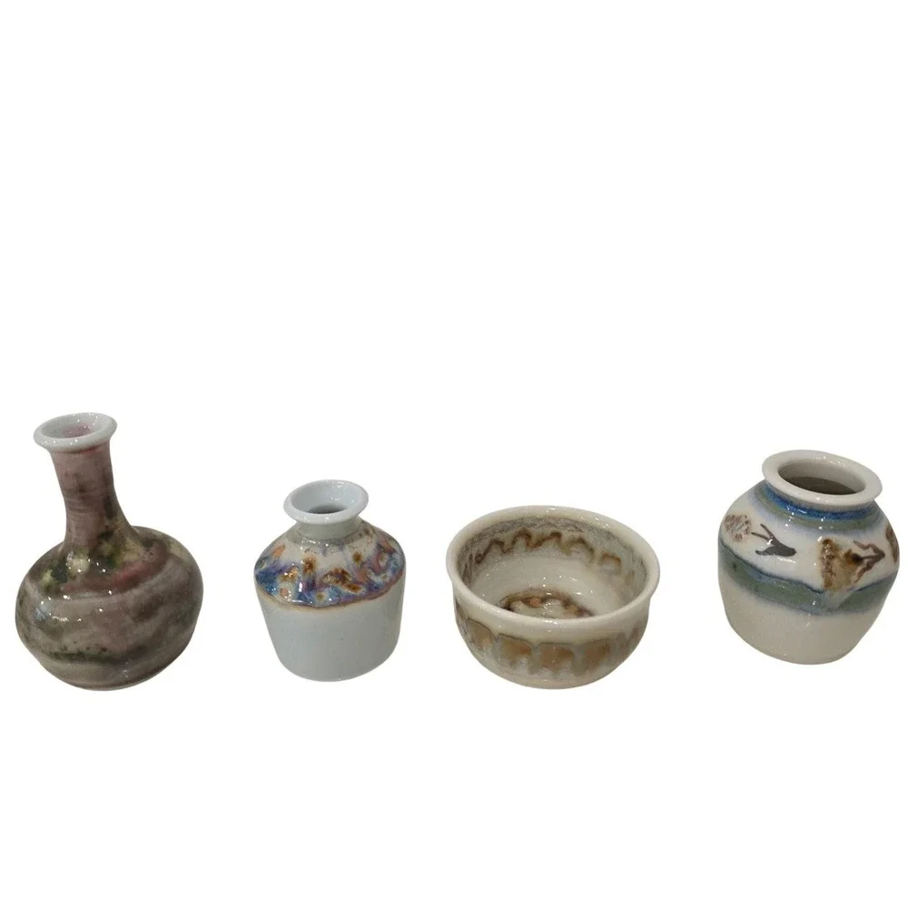 Set of 4 Miniature Studio Pottery Vases & Bowl Sign CR?CS Artisan Glazed Ceramic